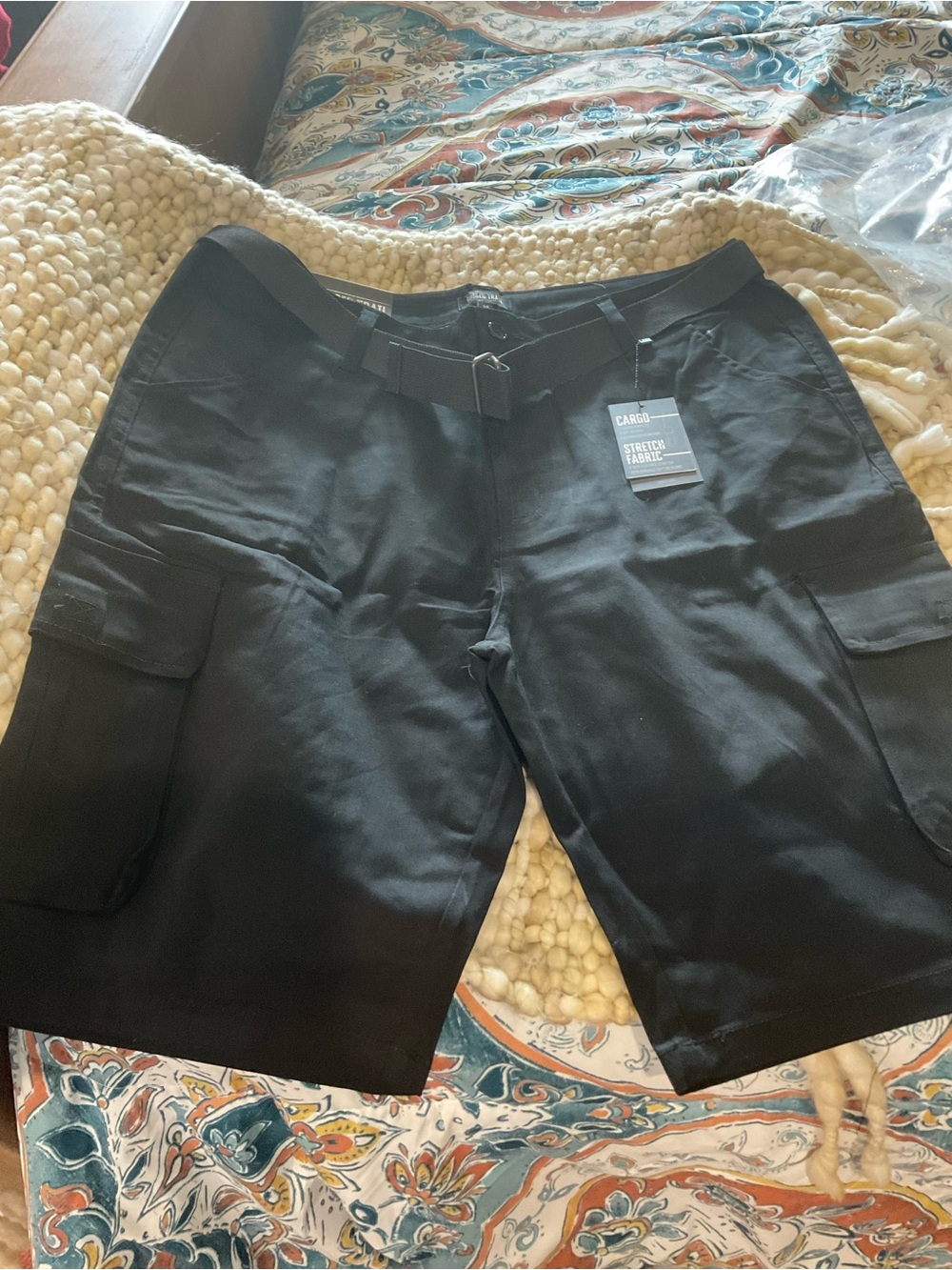 Black Men's Cargo Shorts with Webbing Belt